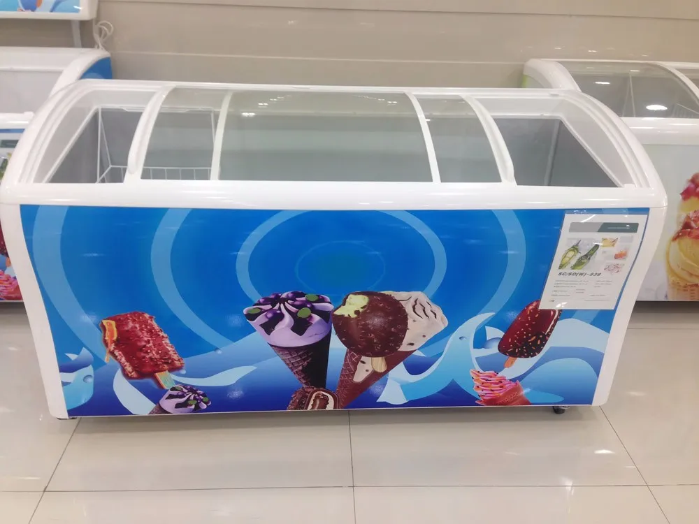 Curved Sliding Glass Lid Deep Freezer  With Wheels Portable  