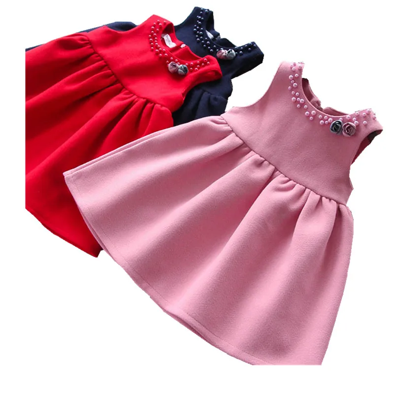 

winter kids clothing wholesale Baby girl dress solid beading sleeveless children clothes