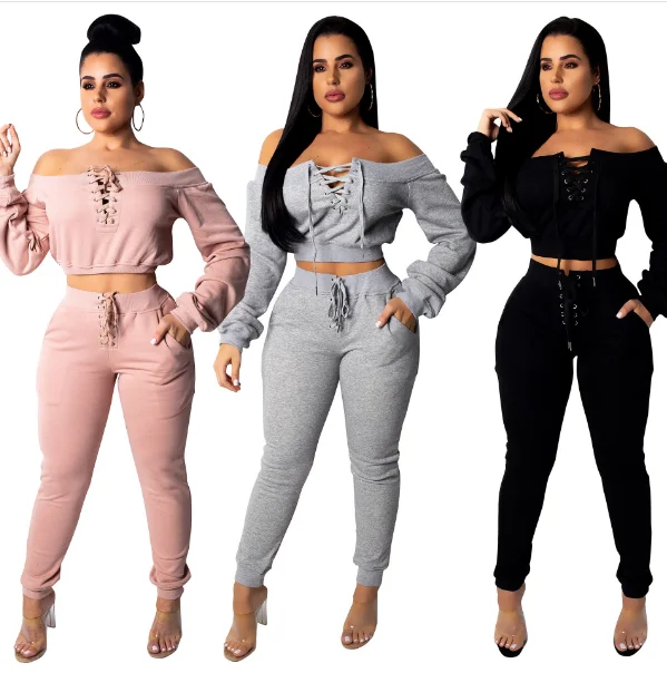 3 Color Winter Solid Color 2 Piece Outfits Casual Woman Slash Neck Off The Shoulder Bandage Top+Drawstring Pencil Pants