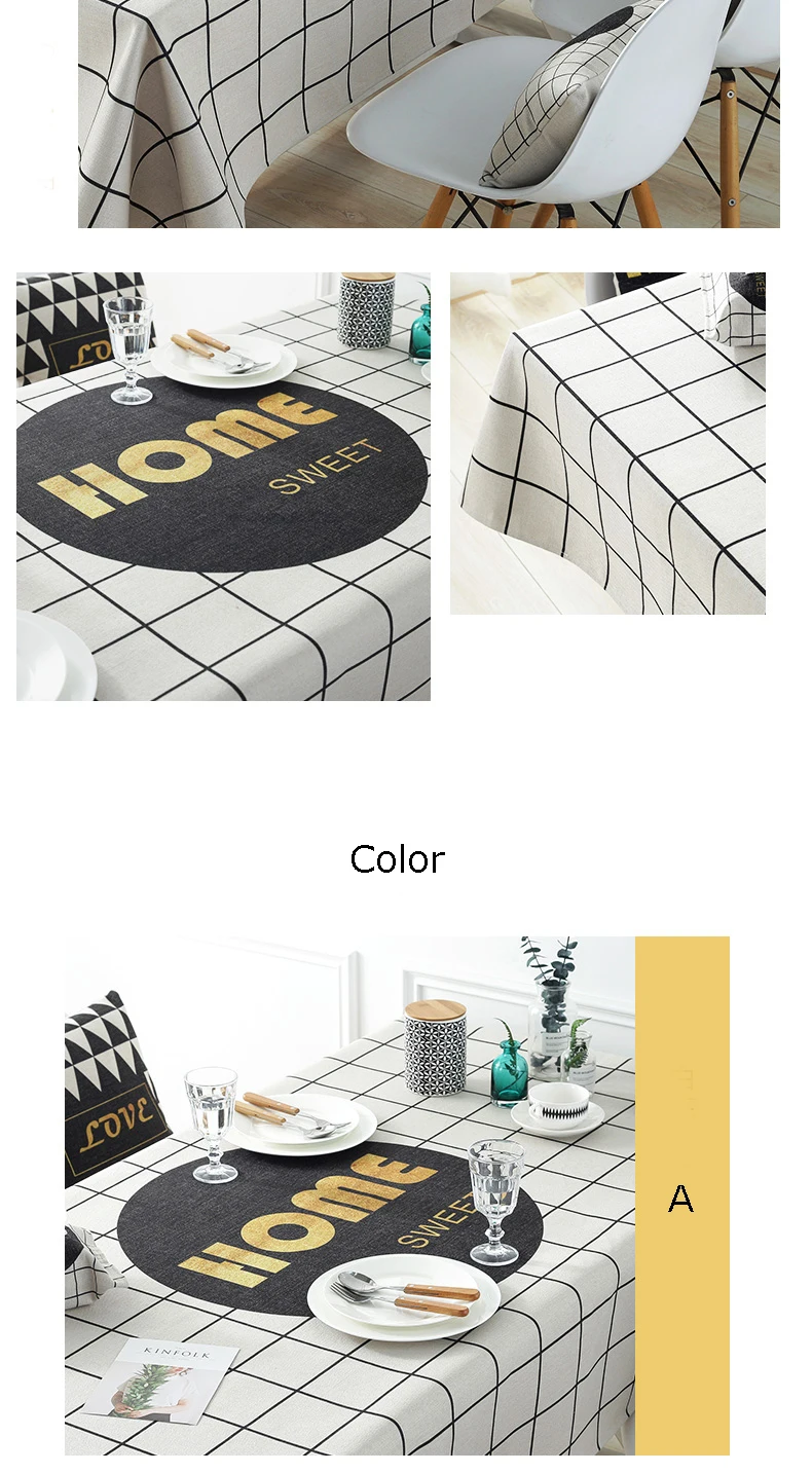 Simple eco Nordic black white plaid soft cotton and linen tablecloth