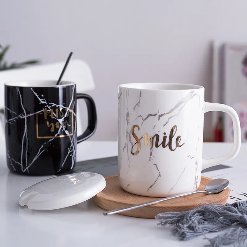 

Drinkware Porcelain Tea Cup Marble Coffee Mug with Spoon, White;black