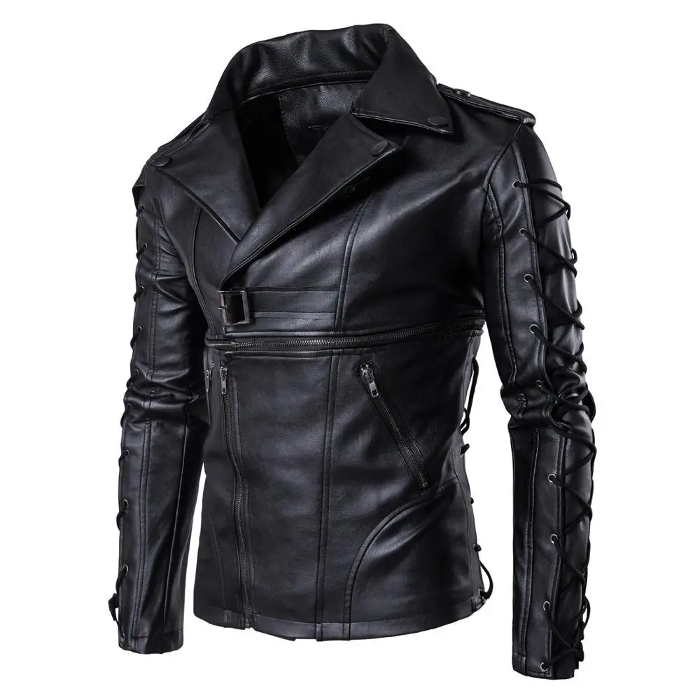 

Hot Desgin Personality Motorcycle PU Pure Black Man Leather Jacket