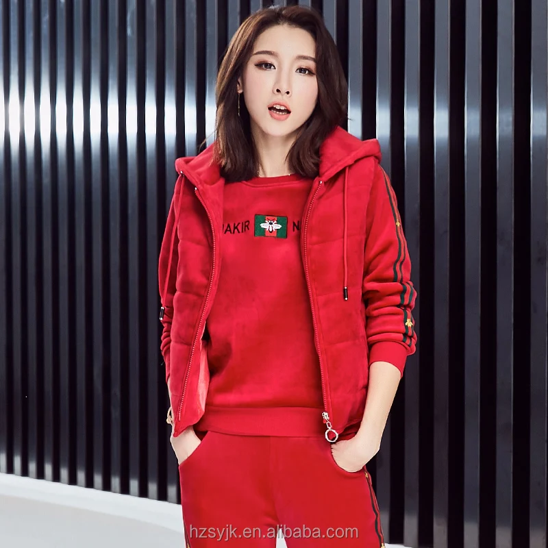 

2018 hot sell womens tracksuit wholesale custom velour printing tracksuit pullover 3 pcs hoodies female winter sport suits set, Custom color