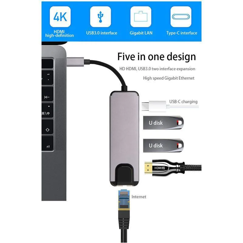 5 En 1 USB tipo C Hub Hdmi 4 K USB C a Gigabit Ethernet Rj45 Lan adaptador para macbook Pro con Thunderbolt 3 USB-C del puerto del cargador
