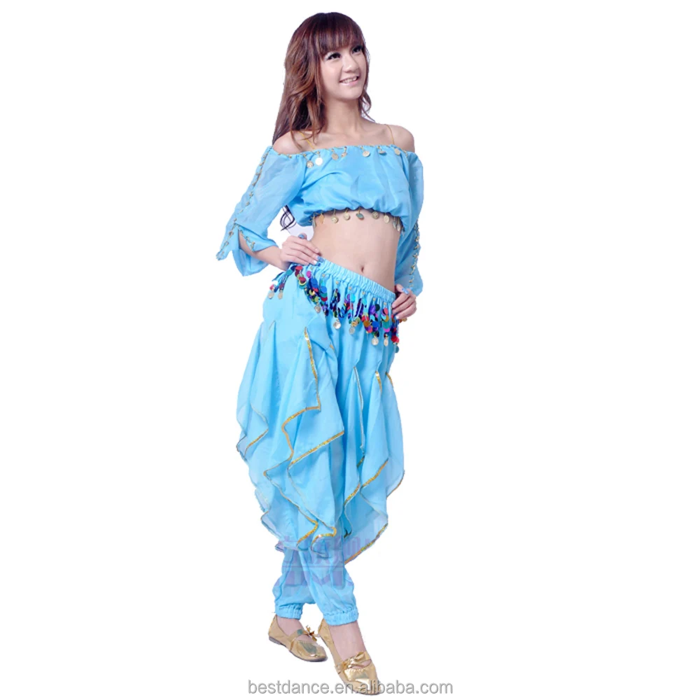 

Free shipping Belly Dance Costume Sets Long Sleeve Top & Tribal Gold Wavy Harem Pants 8 Colors