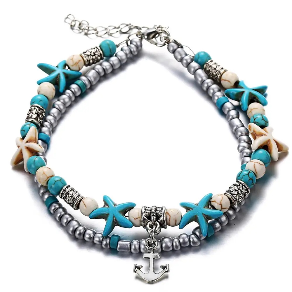 

Blue Starfish Turtle Anklet Multilayer Charm Beads Sea Handmade Boho Anklet Foot Jewelry for Women