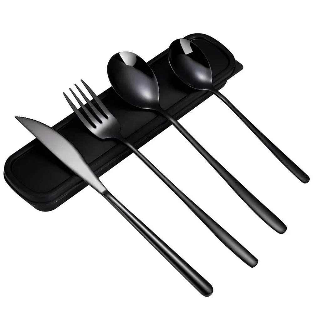 Matt Black Silverware Portable Fork And Spoon Knife 4 Pc Travel Cutlery ...