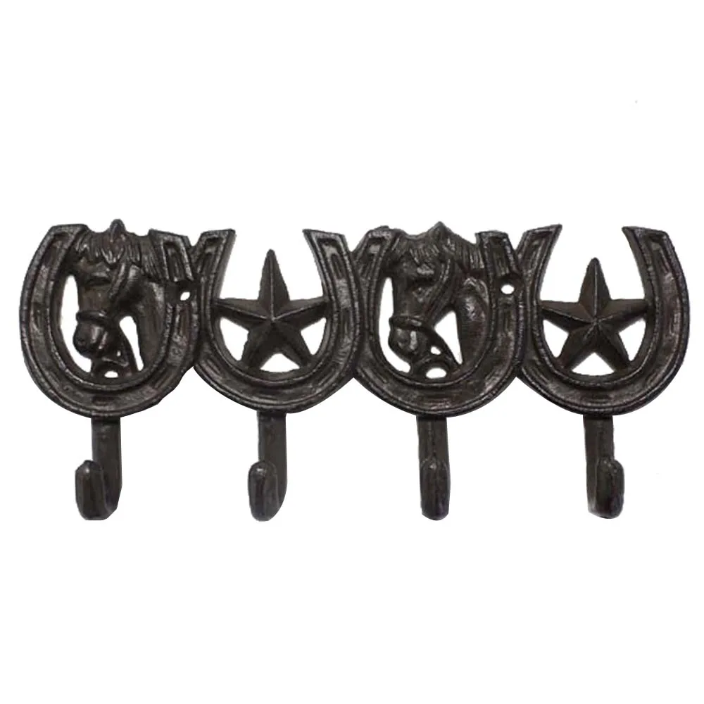 

Cast iron vintage horse head and star horseshoe decorative metal coat and hat wall hook--4 hooks, Rusty
