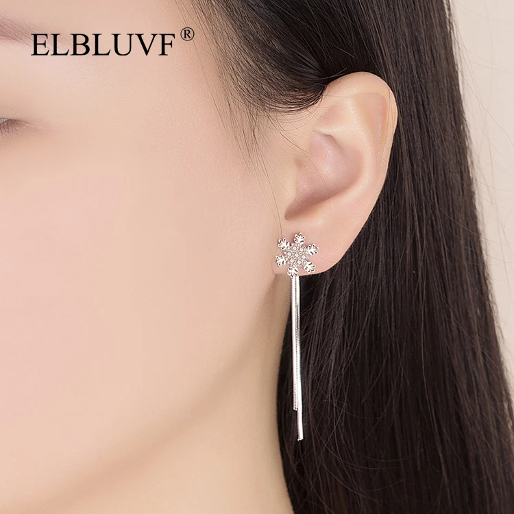 

ELBLUVF Copper Alloy S925 Silver Plated Jewelry Snowflake Shape Dangle Tassel Earrings, White gold