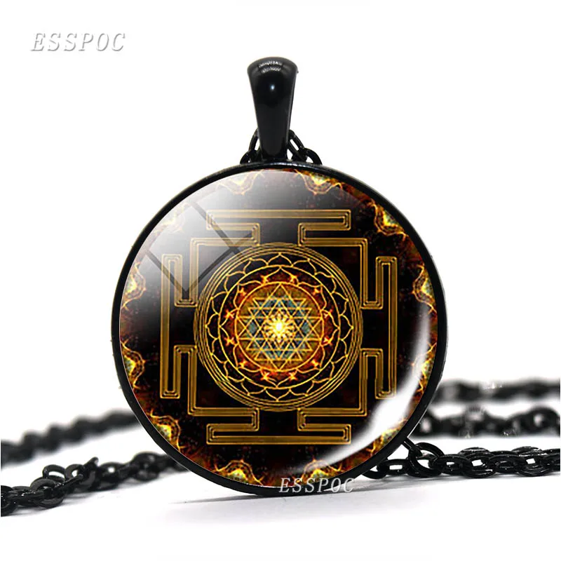 

Fashion Sri Yantra Mandala Pattern Glass Jewelry Dome Necklace Buddhist Pendant Silver Necklace Handmade Women Men Indian Gift