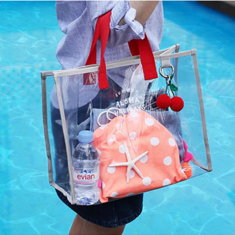 

Hot Sale High Quality Waterproof Plastic Tote Beach Bag With Pockets, Blue, red