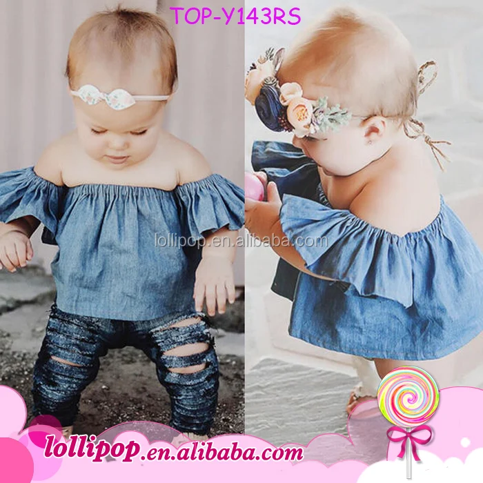 Kids Denim Jeans Tops Baby Girls Clothing Pullover Falbala Off Shoulder