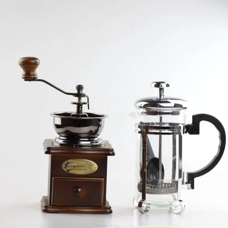 2019 Amazon Hot sale wood Hand Made Retro Style Coffee Bean Grinder coffee machion machine with Glass Cup Suit
