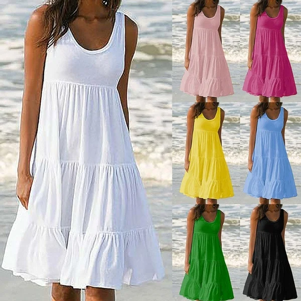 

New Fashion Summer Women Casual Dress Round Neck Loose Big Swing Skirt Sleeveless Soild Color Beach dress size xxxxxxl, Shown