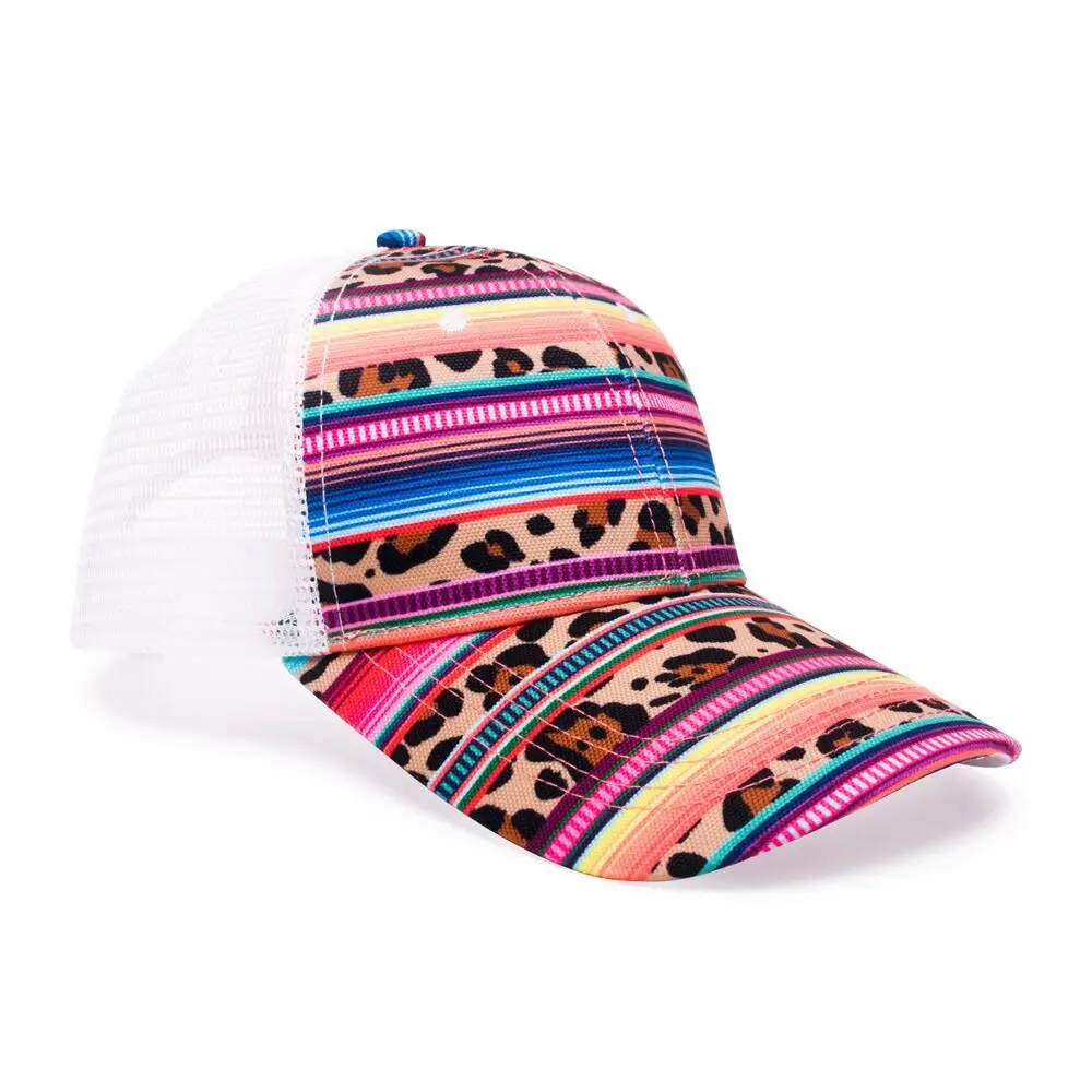 

Wholesale Leopard And Serape Baseball Hat Personalized Colorful Stripe Ponytail Hat Adjustable Mesh Hat DOM1031116