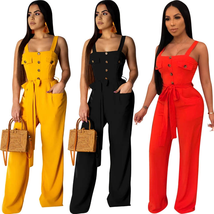 

0625M0364 High quality loose casual button pockets summer woman black jumpsuit