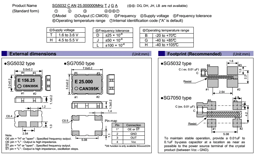 Epson Crystal Oscillator Sg5032can 32mhz 1.6v 3.6v 5032 Smd 50 Ppm