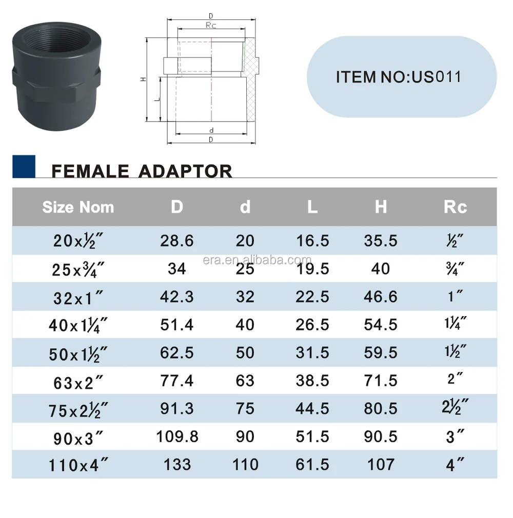 era pvc/upvc din8063 pn16 管件帶 dvgw 證書的內螺紋適配器