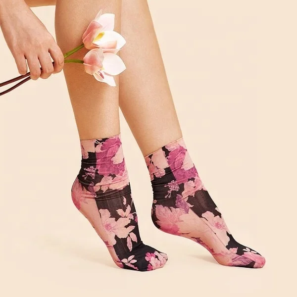 

Women Floral Print Crystal Silk Casual Novelty Ankle Lace Socks, Image