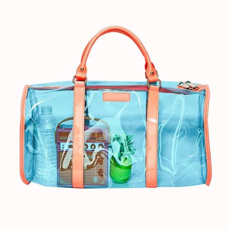 

Custom Logo Women Stylish Transparent PVC Jelly Beach Bag Waterproof Clear PVC Travel Duffel Bag, Blue or customize color