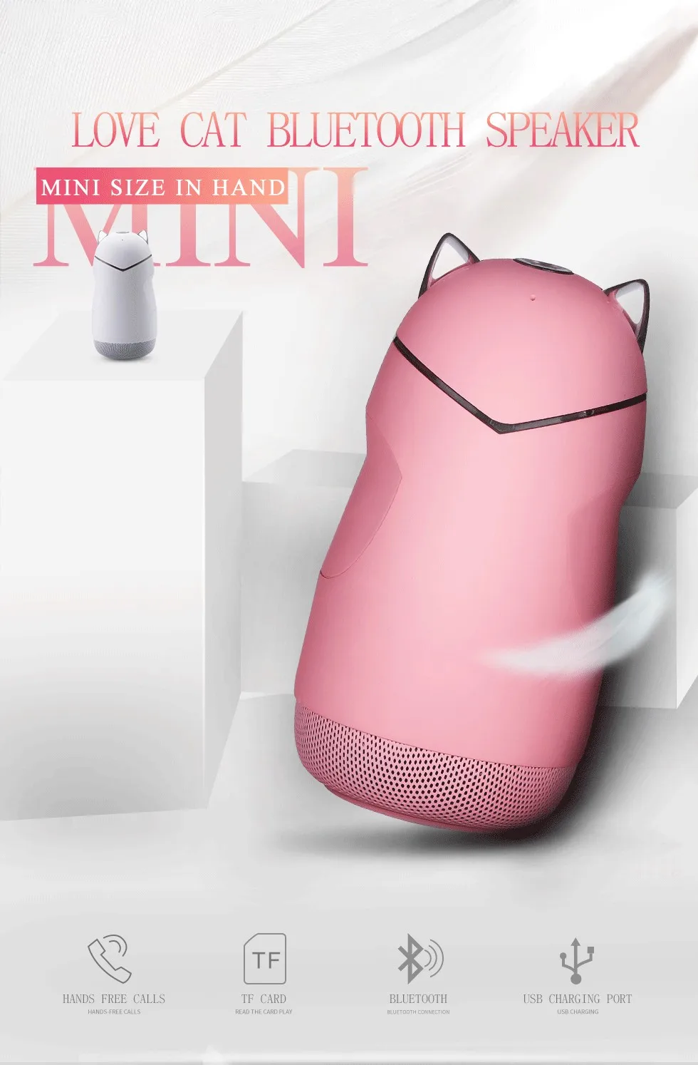 2019 new design gift promotion cute mini speaker cat style portable bluetooth speaker support bluetooth/TF card/hands-free call - ANKUX.COM