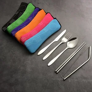 Image of Outdoor Portable Picnic Stainless Steel Tableware with Bag Knife Fork Spoon Chopsticks Straws 6 Piece portable cutlery set