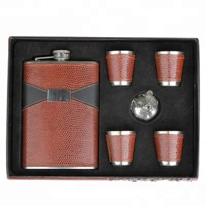 Image of Premium 9oz Leather Stainless Steel Hip Flask Set Whiskey Flagon with Funnel Cups Alcohol Liquor Wine Bottle Portable Flask