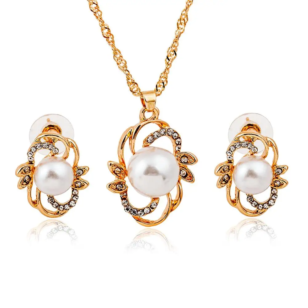 

Fashion Pearl Jewelry Sets for Wedding Cute Flower Stud Earrings Crystal Pearl Pendant Necklace Sets (KJ035), Same as the picture