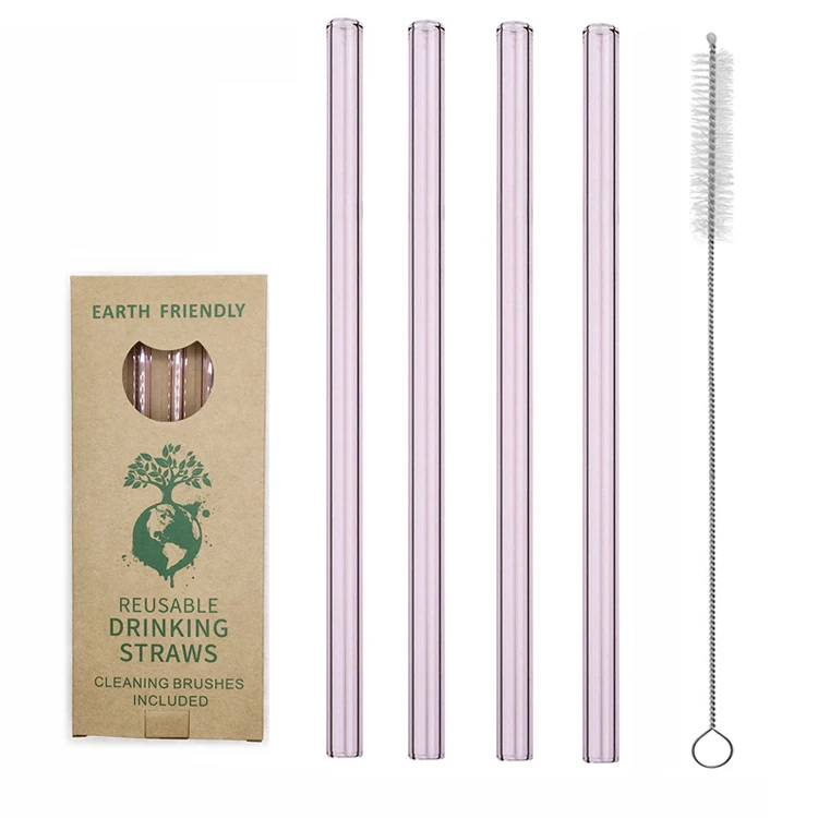 

8x200mm Straight Set of 4+1with Cleaning Brush Pink Glass Straws Drinking ,Reusable Non Plastic Straws
