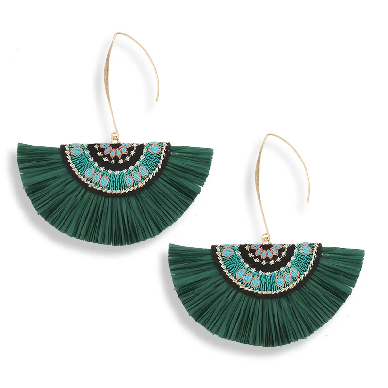 

Latest Design Fashion Jewelry Bohemia Style National Embroidery Raffia Tassel Hoop Earrings For Women, Colors