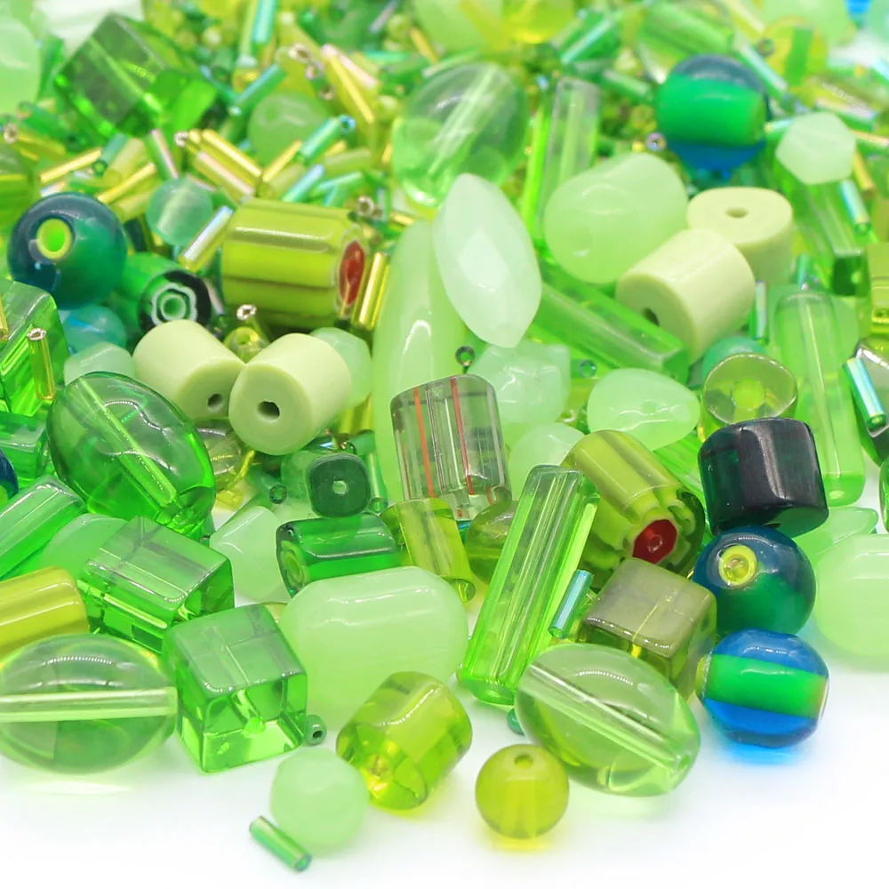 

pressed green glass beads with seed beads