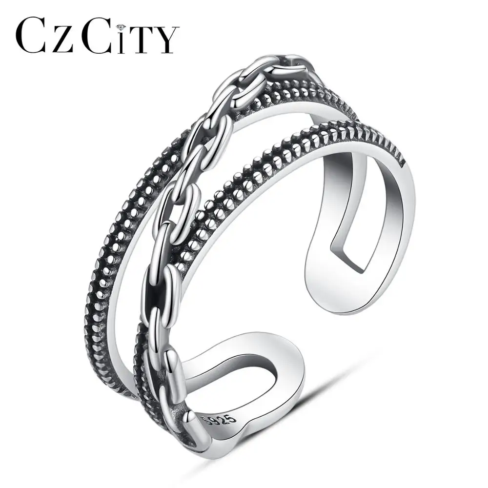 

CZCITY Brand 925 Sterling Silver Vintage Couple Rings Three Layer Chain Type Punk Open Ring for Men and Women Wholesale