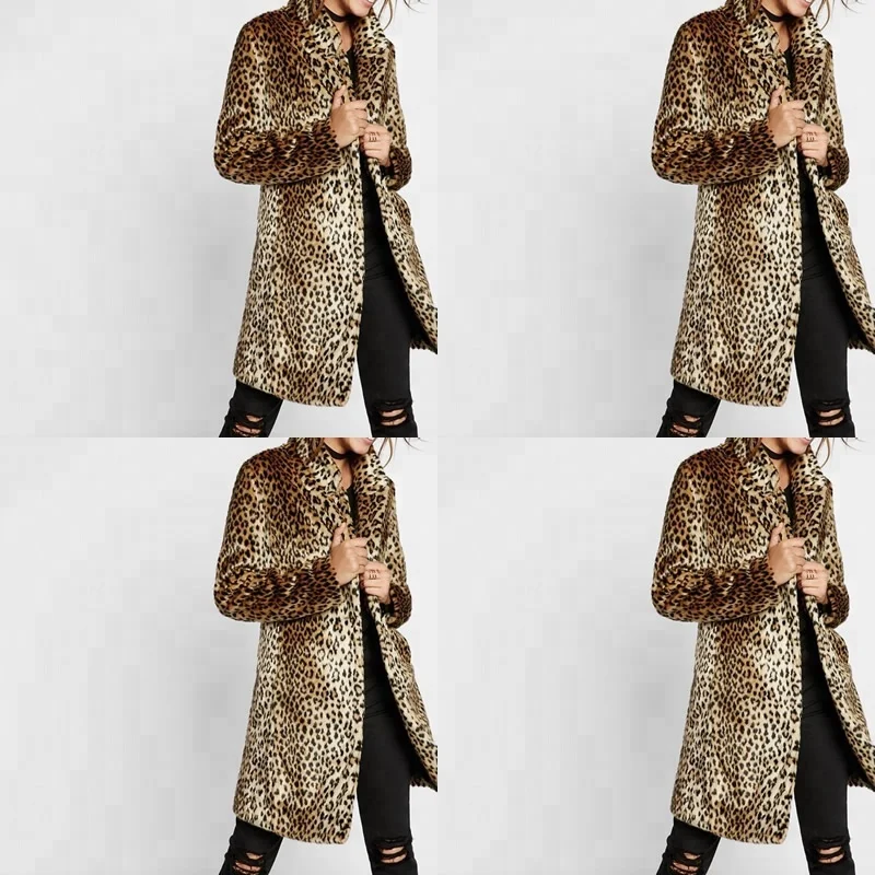 

2018Fashion Elegant Suit collar Leopard long Outwear Wholesale ladies faux fur coats women