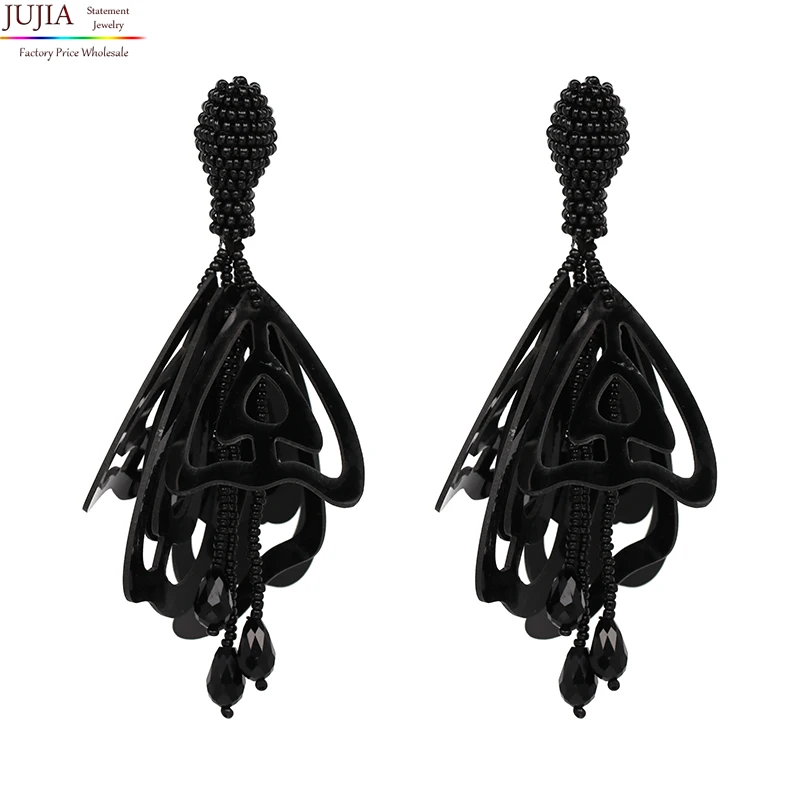 

JuJia Stock for Sale New black color beads with resin attractive dangle earrings statement fashion dangle women earring jewelry, Picture