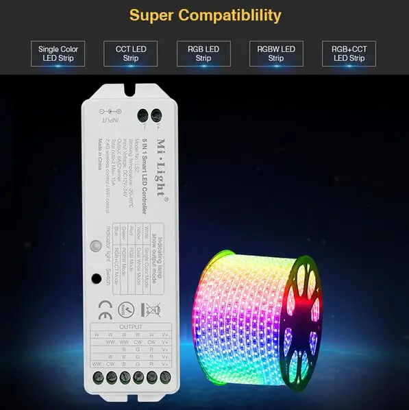 2.4G wireless control Mi.Light LS2 DC12V-24V 5 in 1 Smart LED Controller for Single Color CCT RGB RGBW RGB+CCT LED Strip light