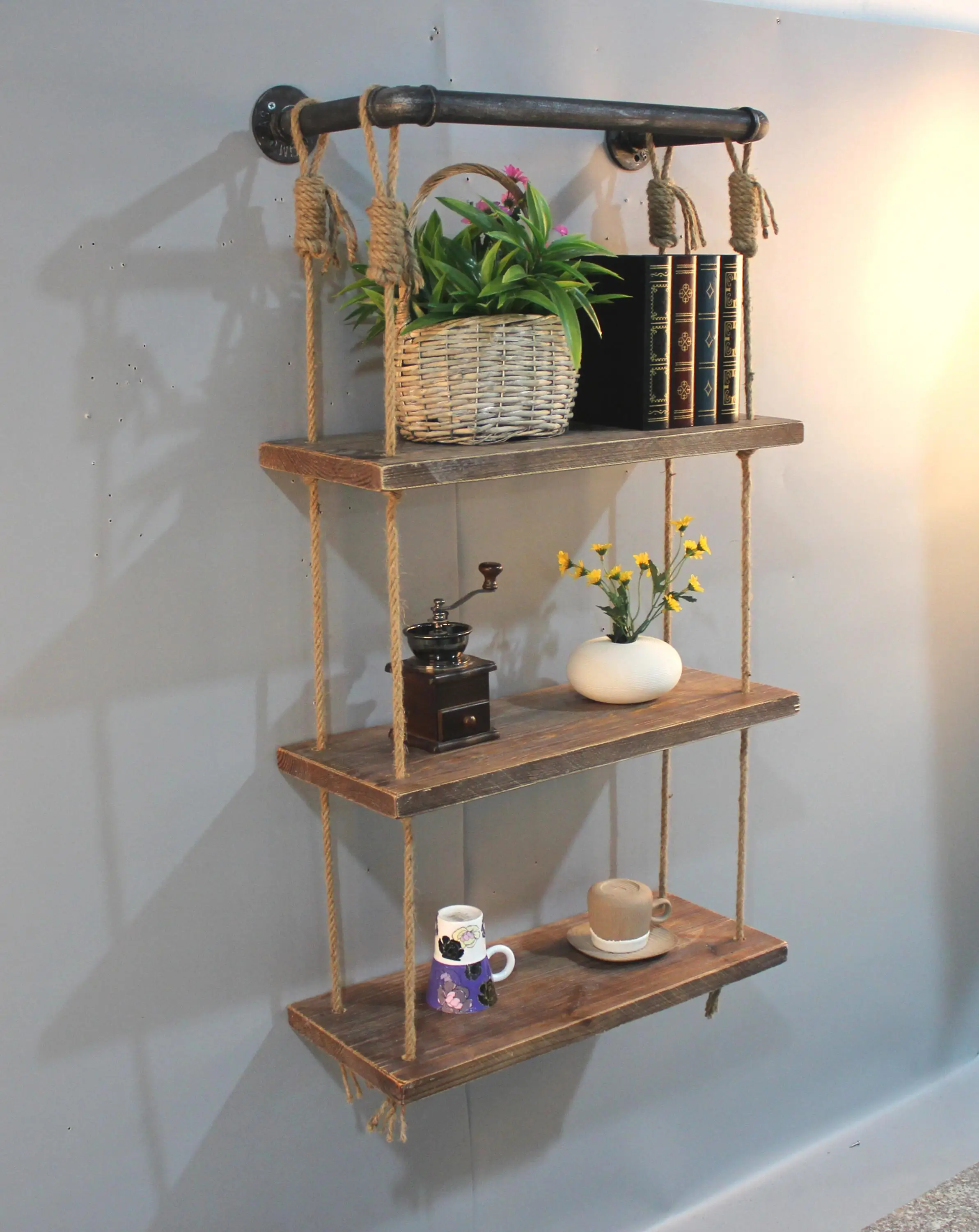 Hemp Rope Connected Three Layers Wooden Shelf Buy Wood Shelf With
