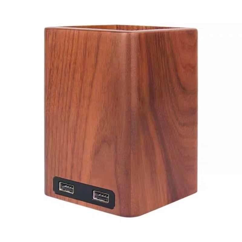 Custom High Quality Creative Walnut Wood Brush Pot Stationery Storage USB Charge Pen Holder