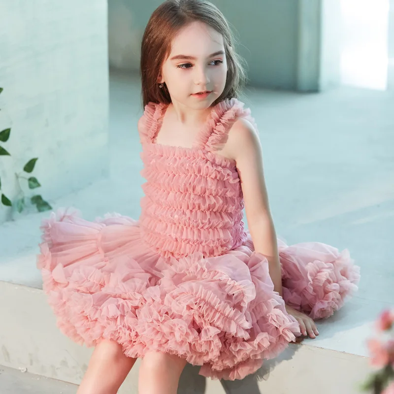 

Girls' Fluffy Pleated Tutu Dress Princess Tiered Sling Formal Dress For Party Wedding, As shown