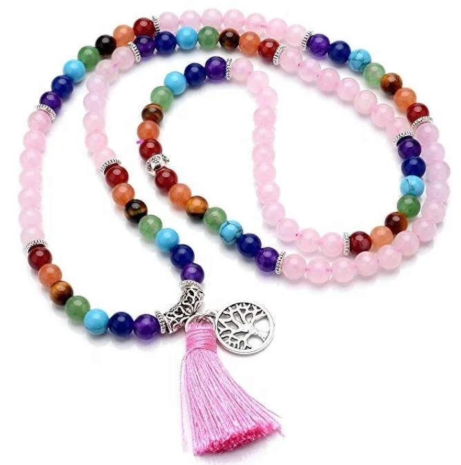 

6mm Natural Rose Quartz with Tree of Life Tassel Charm Mala Prayer 108 Meditation Healing 7 Chakra Beads Bracelets Necklace