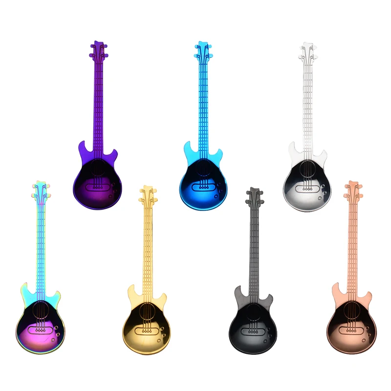 

Creative Stainless Steel Titanium Plating Guitar Shaped Tea Coffee Ice Cream Spoon, Colorful;rose gold;purple;gold;blue;black;sliver