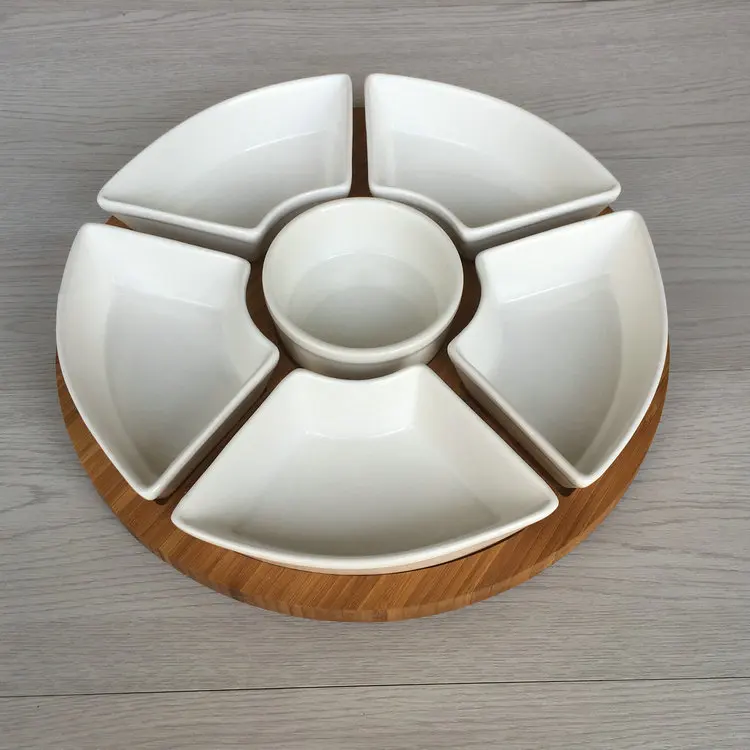 Popular design round shape compartment snack tapas ceramic snack serving dish set with lazy susan