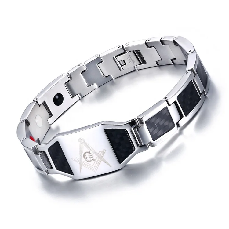 

Factory wholesale 316L stainless steel masonic symbol magnetic bracelet,Carbon fiber inlay bracelets, Silver