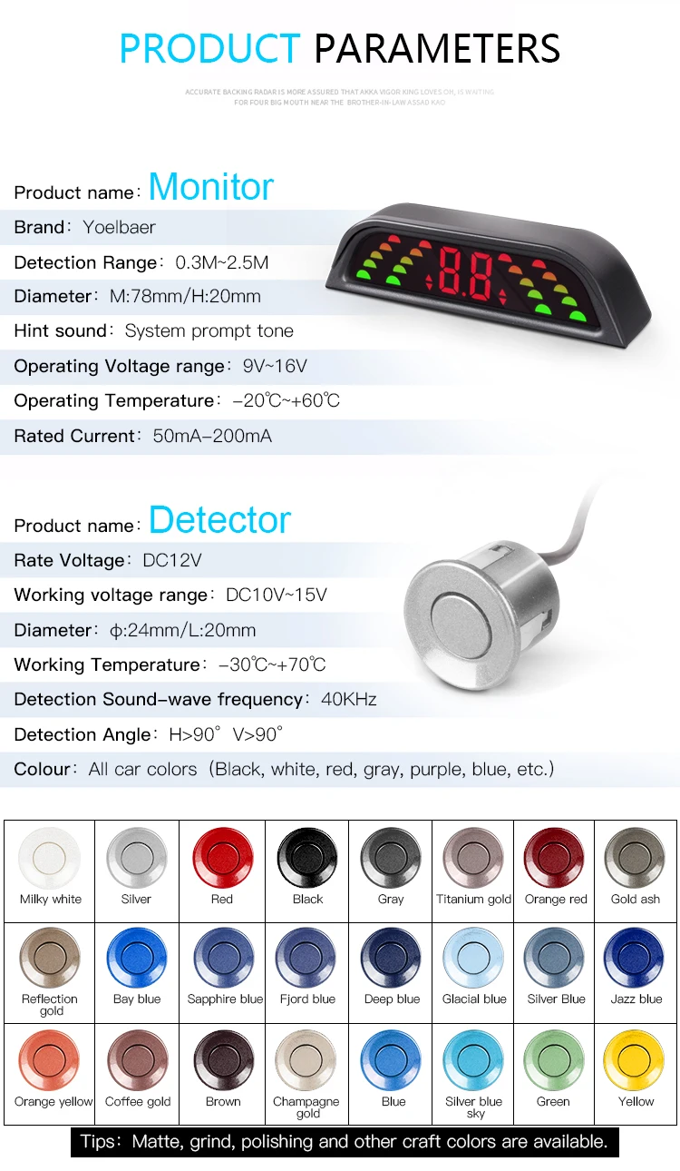 Yoelbaer Car Parking Sensors Parktronics 4 Black/Silver/White/Grey 22mm Reverse Backup Radars Sound Buzzer Beep Alarm