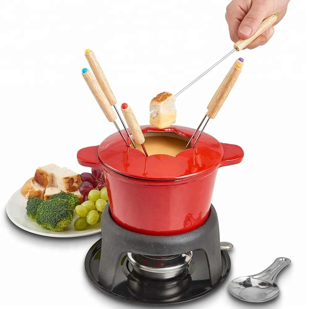 
Fondue Set with 6 Forks Stylish Cast Iron Porcelain Enamel Pot Makes All Styles of Fondue Such as Cheese and Chocolate 63 fl oz 