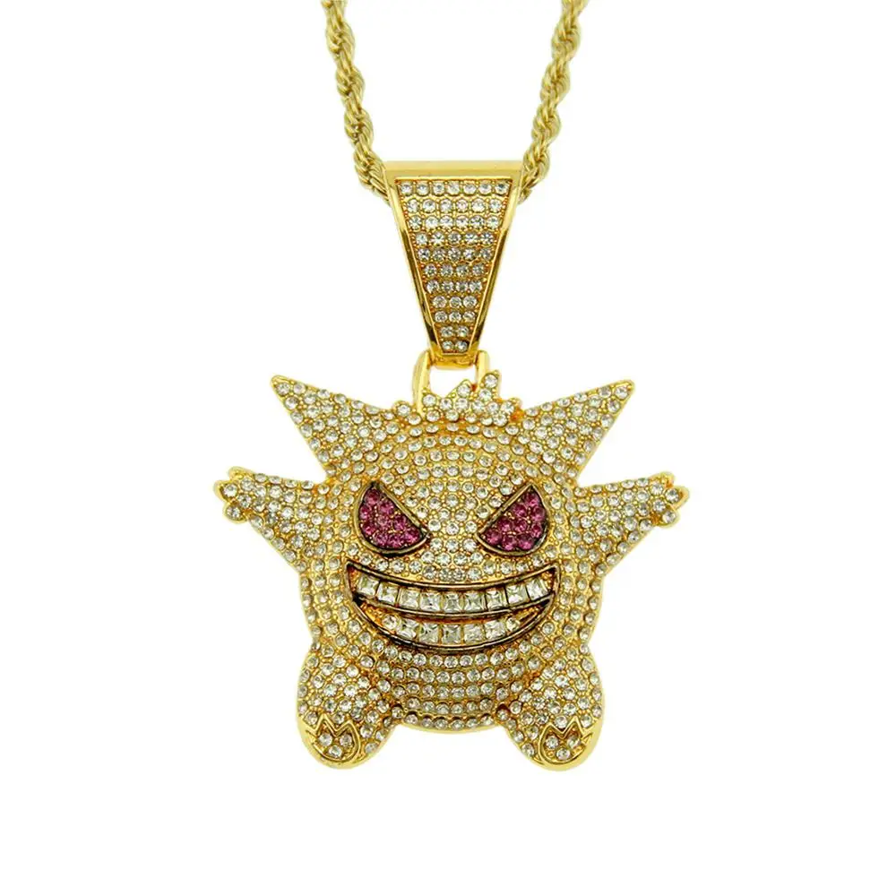 

Hip-hop Stereoscopic Pendant Sprit Gengar Shape 18k Golden Iced Out CZ Full Rhinestone Unisex Necklace, Picture