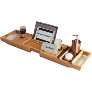 Image of Luxury bamboo bathtub caddy tray with extending sides