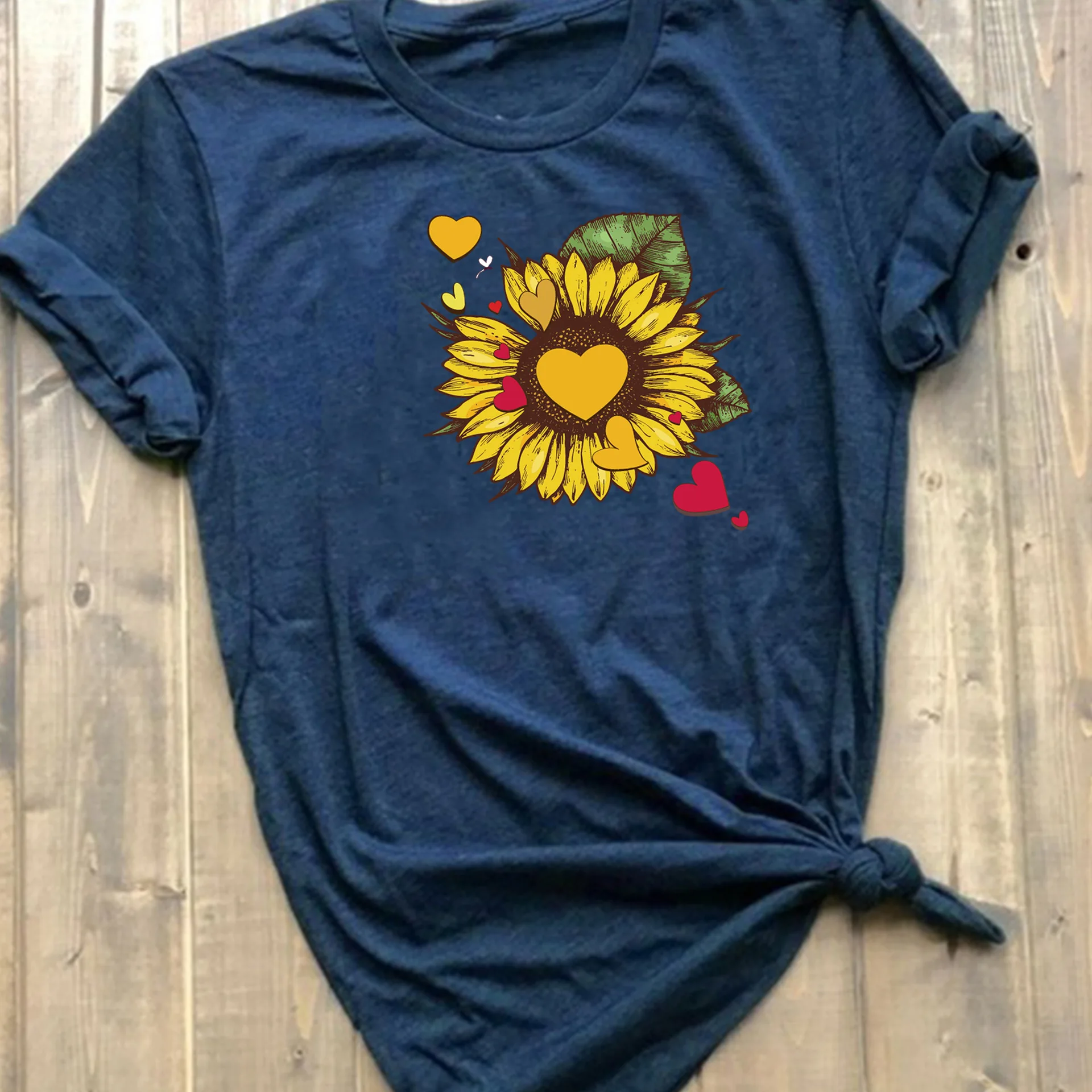 Printed Sun Flower Short Sleeve Summer Lady Cute Sweet Loose Casual T-Shirt