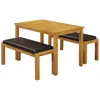Solid Rubberwood & Brown PU Leather Dining Table and Chair Set with 2 Benches