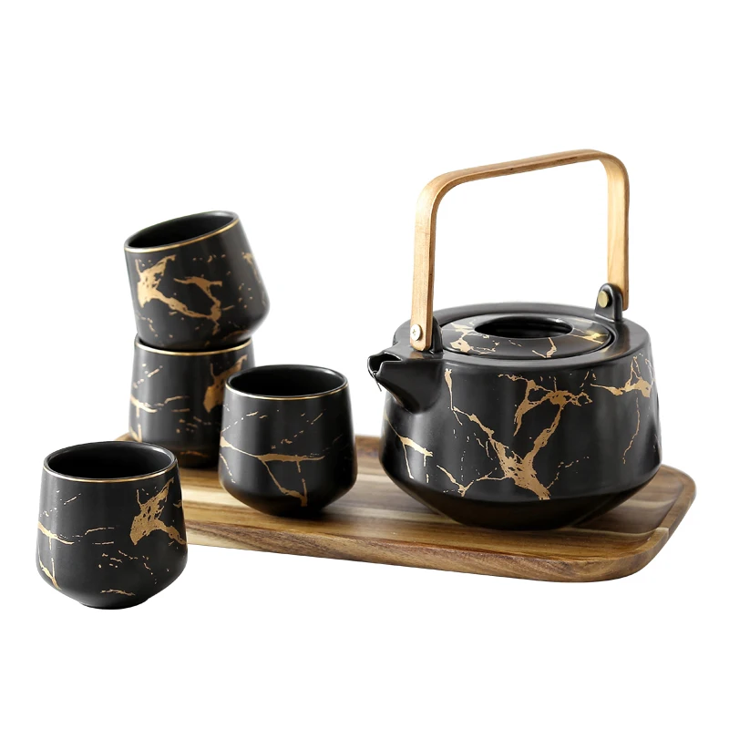 

Marble Turkish Ceramic Tea Service Set Large Modern Tea Pot (40 OZ) with Wooden Tray 6.7 OZ Tea Cups Set, Navy green, white or custom made colour