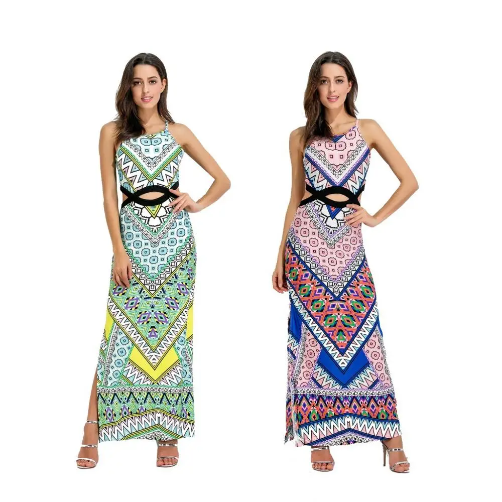 

Wholesale printed pattern ladies african kitenge dress designs western sexy beach dress, Green;pink